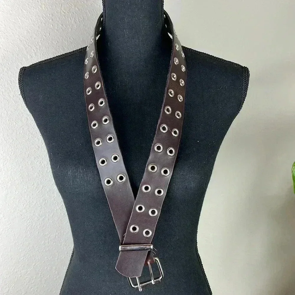 Brown Vegan Leather Double Silver Tone Grommet and Buckle Belt Large